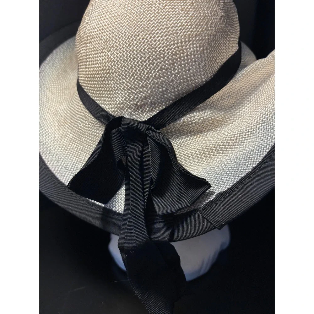 Woven Straw Sun Hat Wide Brim Cream Black Grosgrain Ribbon Bow Chin Strap
